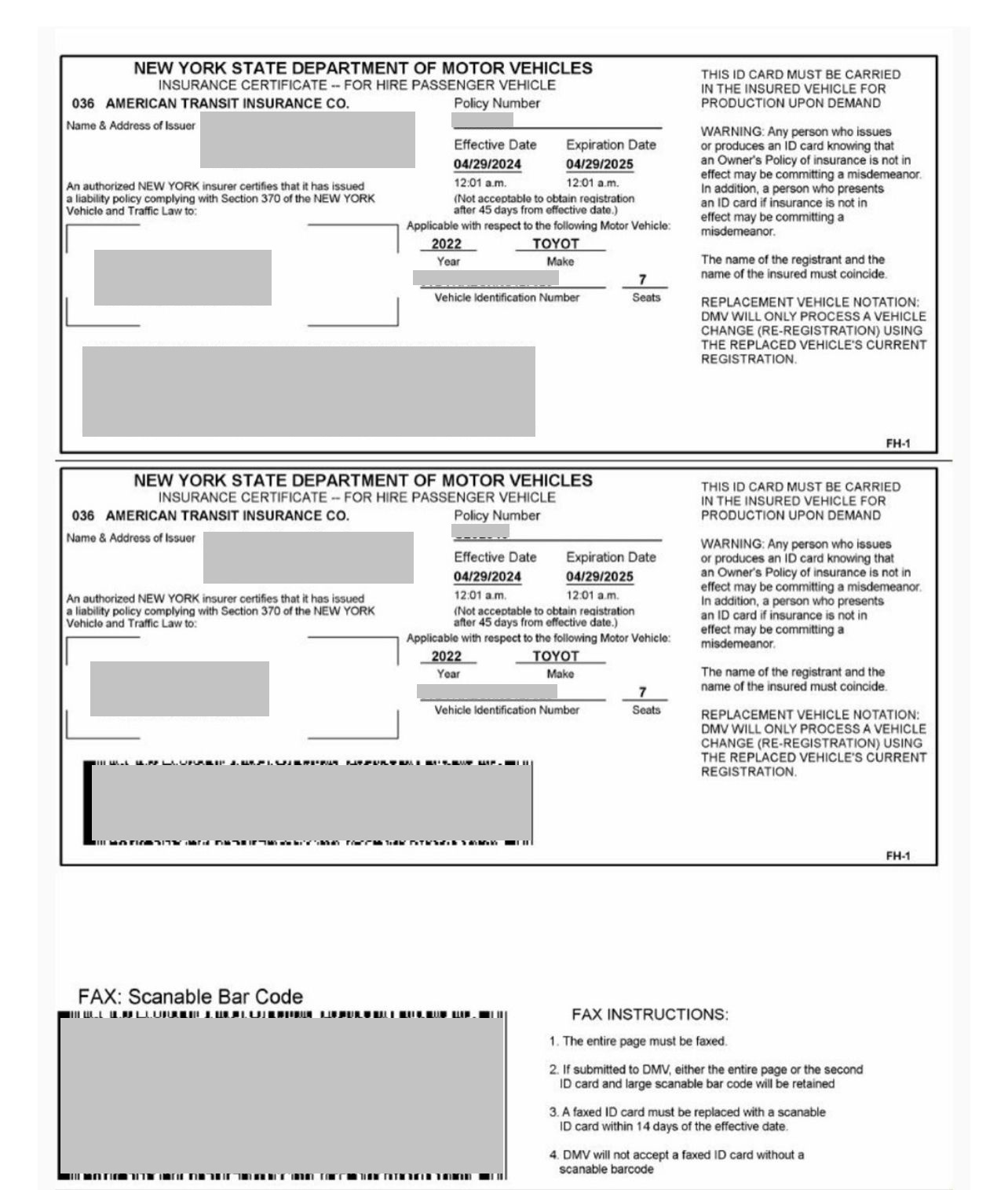 FH-1 Certificate of Insurance Reference