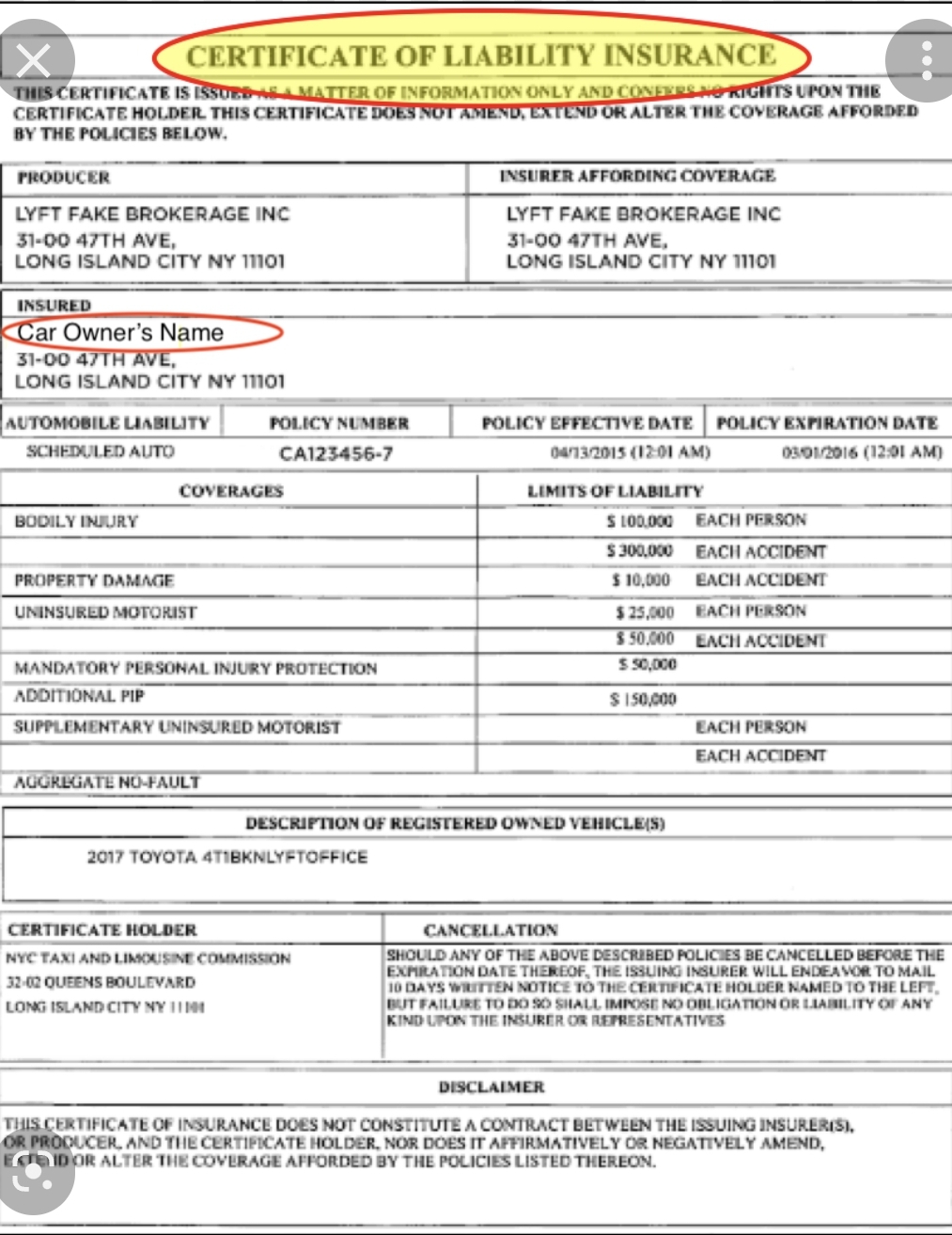 FH-1 Certificate of Liability Reference